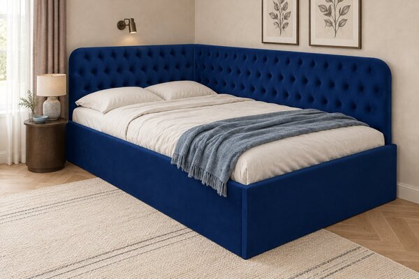 Pat tapițat pentru copii din catifea Elyra 120×200 cm, bleumarin, colț dreapta, cu ladă de depozitare