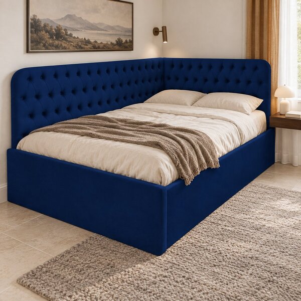 Pat tapițat pentru copii din catifea Elyra 120×200 cm, bleumarin, colț stânga, cu ladă de depozitare