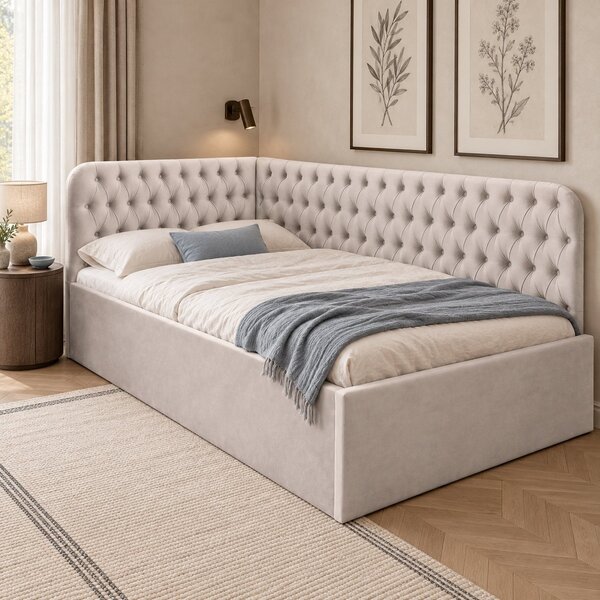 Pat tapițat pentru copii din catifea Elyra 120×200 cm, crem, colț dreapta, cu ladă de depozitare