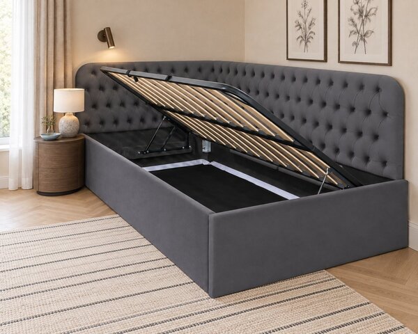 Pat tapițat pentru copii din catifea Elyra 120×200 cm, gri închis, colț dreapta, cu ladă de depozitare