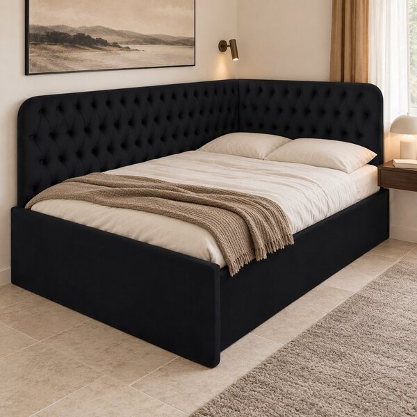 Pat tapițat pentru copii din catifea Elyra 120×200 cm, negru, colț stânga, cu ladă de depozitare