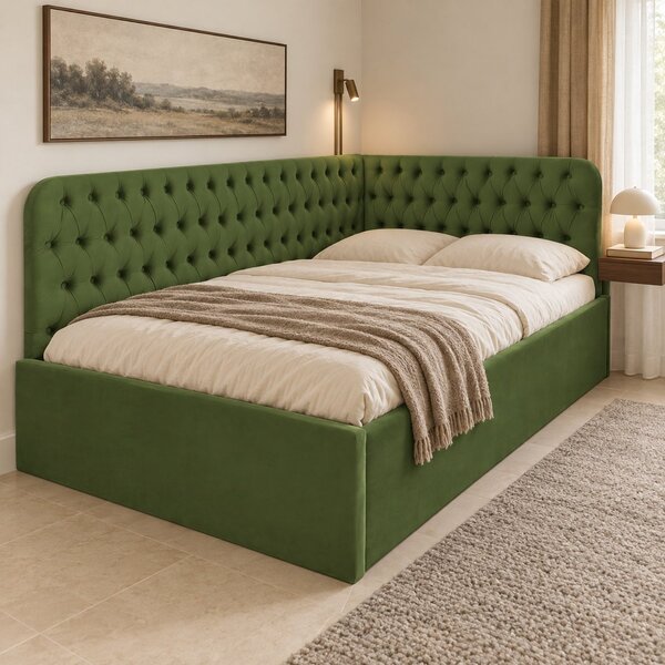 Pat tapițat pentru copii din catifea Elyra 120×200 cm, kaki, colț stânga, cu ladă de depozitare