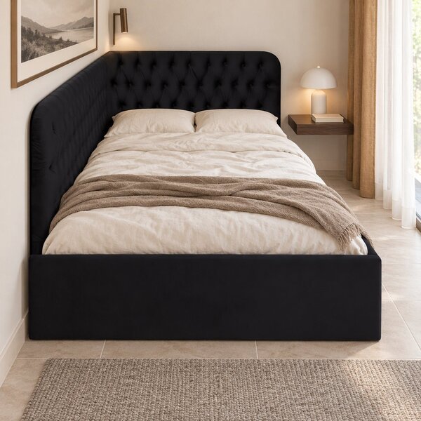 Pat tapițat pentru copii din catifea Elyra 120×200 cm, negru, colț stânga, cu ladă de depozitare