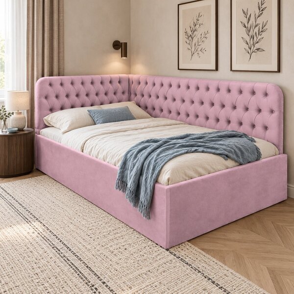 Pat tapițat pentru copii din catifea Elyra 120×200 cm, roz, colț dreapta, cu ladă de depozitare