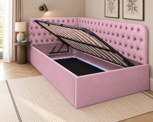 Pat tapițat pentru copii din catifea Elyra 120×200 cm, roz, colț dreapta, cu ladă de depozitare