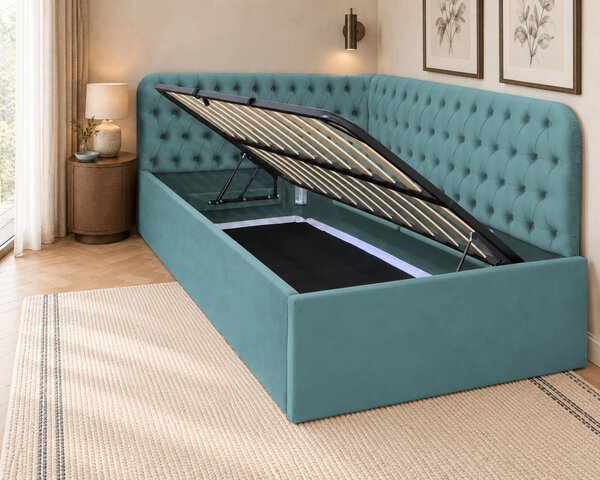 Pat tapițat pentru copii din catifea Elyra 120×200 cm, verde marin, colț dreapta, cu ladă de depozitare