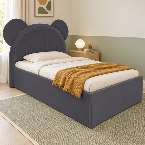 Pat tapițat pentru copii din catifea Varen 100×200 cm, gri închis, cu ladă de depozitare