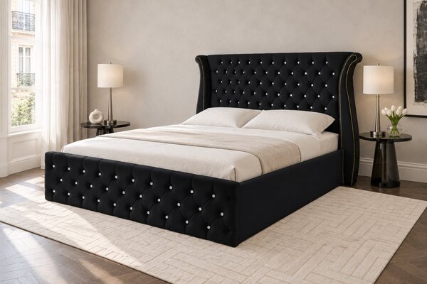 Pat tapițat din catifea Zafira 140×200 cm, negru, cu ladă de depozitare