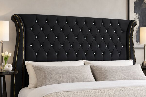 Pat tapițat din catifea Zafira 140×200 cm, negru, cu ladă de depozitare