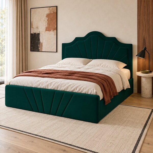 Pat tapițat din catifea Imperio cu linii 140×200 cm, verde, cu ladă de depozitare