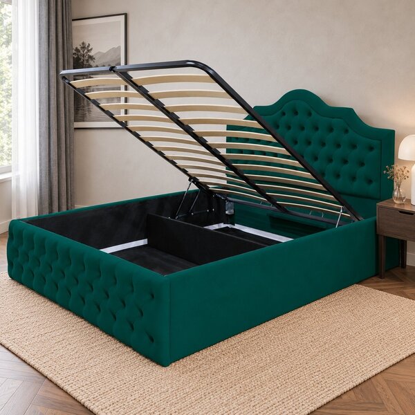 Pat tapițat din catifea Imperio cu nasturi 140×200 cm, verde, cu ladă de depozitare