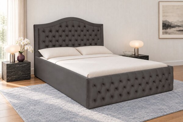 Pat tapițat din catifea Solaria 120×200 cm, gri închis, cu ladă de depozitare