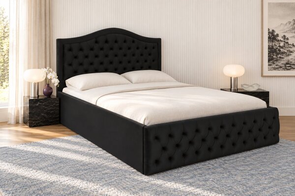 Pat tapițat din catifea Solaria 120×200 cm, negru, cu ladă de depozitare