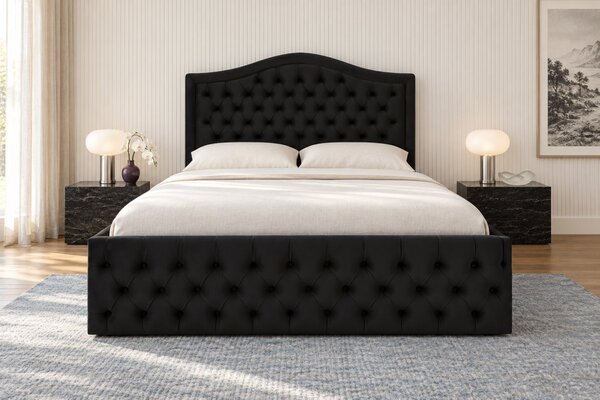Pat tapițat din catifea Solaria 120×200 cm, negru, cu ladă de depozitare