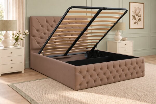Pat tapițat Chesterfield din catifea Venezia 140×200 cm, cappuccino, cu ladă de depozitare