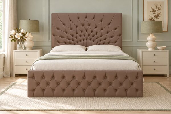 Pat tapițat Chesterfield din catifea Venezia 140×200 cm, cappuccino, cu ladă de depozitare