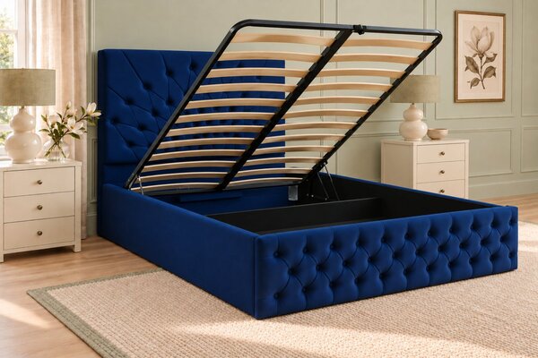 Pat tapițat Chesterfield din catifea Venezia 140×200 cm, bleumarin, cu ladă de depozitare