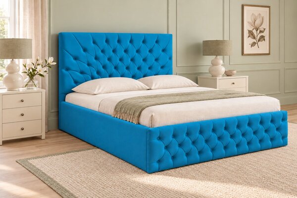 Pat tapițat Chesterfield din catifea Venezia 140×200 cm, albastru deschis, cu ladă de depozitare