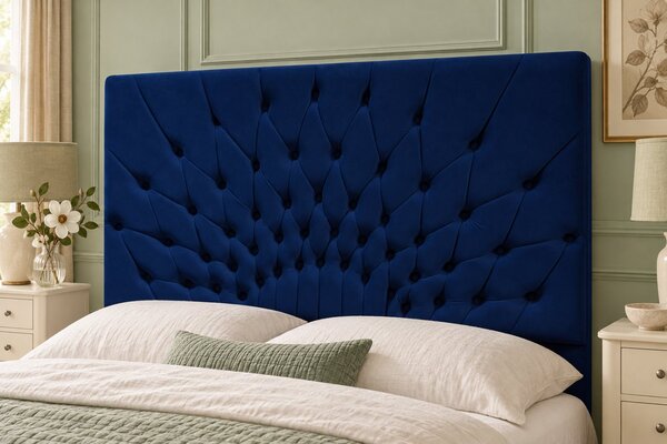 Pat tapițat Chesterfield din catifea Venezia 140×200 cm, bleumarin, cu ladă de depozitare