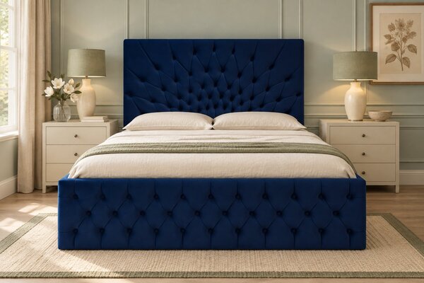 Pat tapițat Chesterfield din catifea Venezia 140×200 cm, bleumarin, cu ladă de depozitare