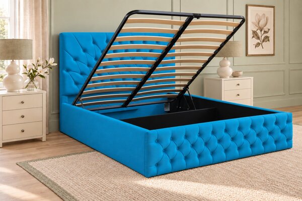 Pat tapițat Chesterfield din catifea Venezia 140×200 cm, albastru deschis, cu ladă de depozitare