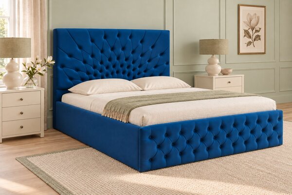 Pat tapițat Chesterfield din catifea Venezia 140×200 cm, albastru, cu ladă de depozitare