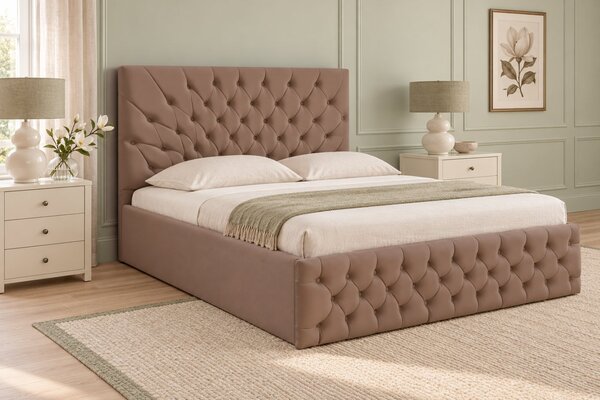 Pat tapițat Chesterfield din catifea Venezia 140×200 cm, cappuccino, cu ladă de depozitare