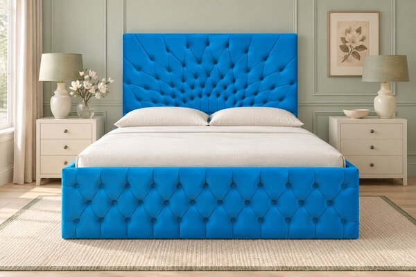 Pat tapițat Chesterfield din catifea Venezia 140×200 cm, albastru deschis, cu ladă de depozitare