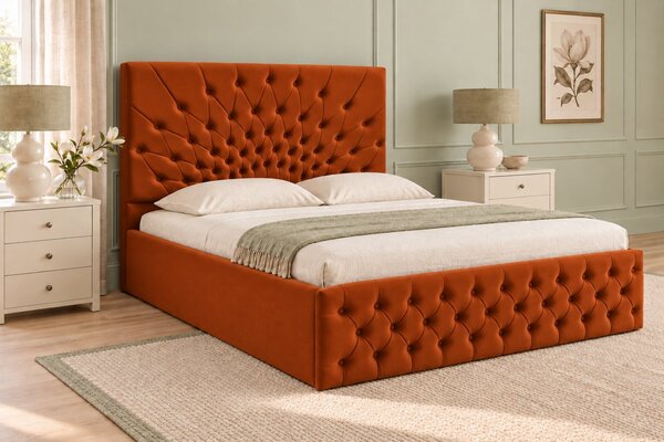 Pat tapițat Chesterfield din catifea Venezia 140×200 cm, cărămiziu, cu ladă de depozitare