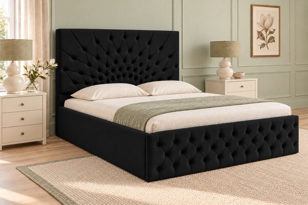 Pat tapițat Chesterfield din catifea Venezia 140×200 cm, negru, cu ladă de depozitare