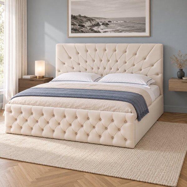 Pat tapițat Chesterfield din catifea Venezia 140×200 cm, crem, cu ladă de depozitare