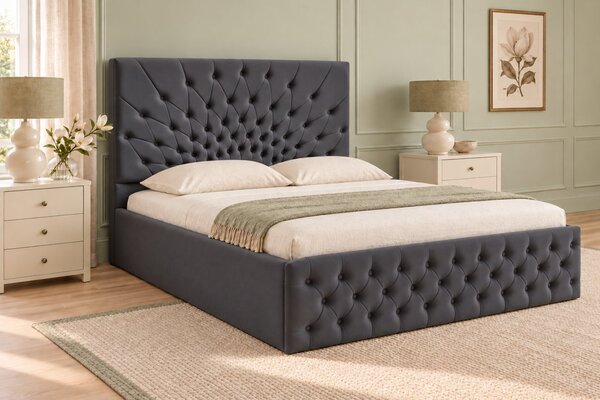 Pat tapițat Chesterfield din catifea Venezia 140×200 cm, gri închis, cu ladă de depozitare
