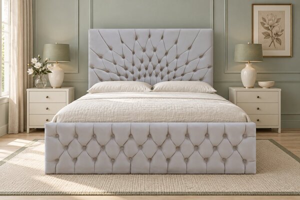 Pat tapițat Chesterfield din catifea Venezia 140×200 cm, gri deschis, cu ladă de depozitare