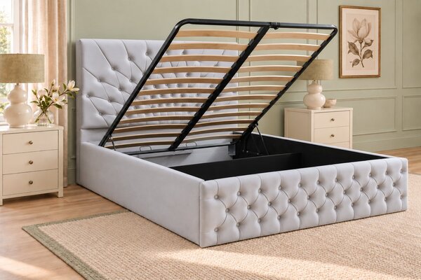 Pat tapițat Chesterfield din catifea Venezia 140×200 cm, gri deschis, cu ladă de depozitare