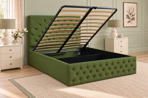 Pat tapițat Chesterfield din catifea Venezia 140×200 cm, kaki, cu ladă de depozitare