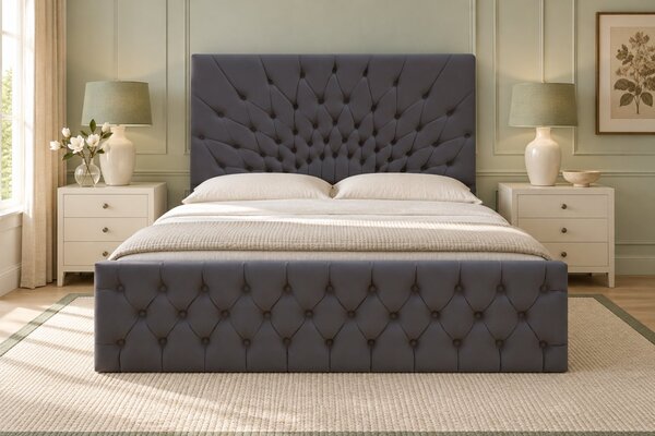 Pat tapițat Chesterfield din catifea Venezia 140×200 cm, gri închis, cu ladă de depozitare