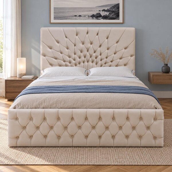 Pat tapițat Chesterfield din catifea Venezia 140×200 cm, crem, cu ladă de depozitare
