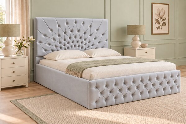 Pat tapițat Chesterfield din catifea Venezia 140×200 cm, gri deschis, cu ladă de depozitare