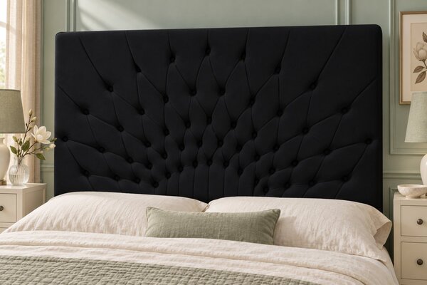 Pat tapițat Chesterfield din catifea Venezia 140×200 cm, negru, cu ladă de depozitare