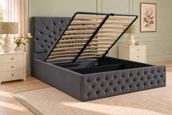 Pat tapițat Chesterfield din catifea Venezia 140×200 cm, gri închis, cu ladă de depozitare
