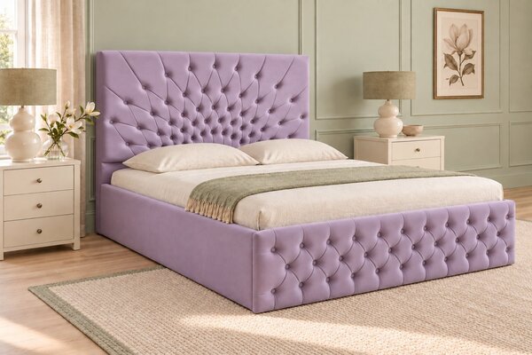 Pat tapițat Chesterfield din catifea Venezia 140×200 cm, lila, cu ladă de depozitare