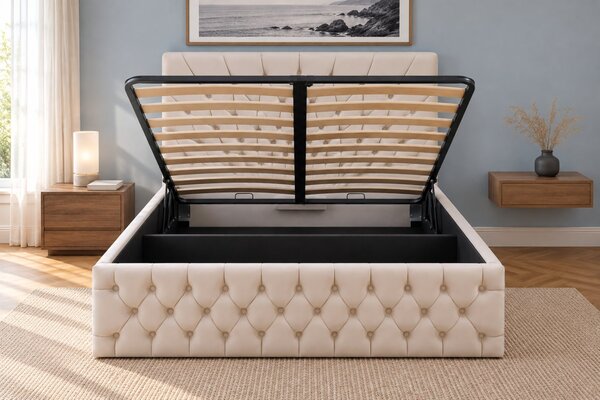 Pat tapițat Chesterfield din catifea Venezia 140×200 cm, crem, cu ladă de depozitare
