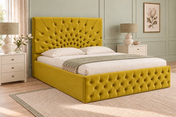 Pat tapițat Chesterfield din catifea Venezia 140×200 cm, galben muștar, cu ladă de depozitare