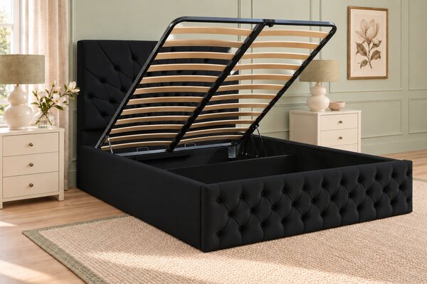 Pat tapițat Chesterfield din catifea Venezia 140×200 cm, negru, cu ladă de depozitare