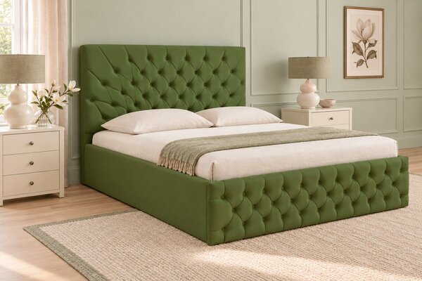 Pat tapițat Chesterfield din catifea Venezia 140×200 cm, kaki, cu ladă de depozitare