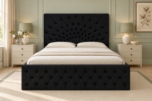 Pat tapițat Chesterfield din catifea Venezia 140×200 cm, negru, cu ladă de depozitare