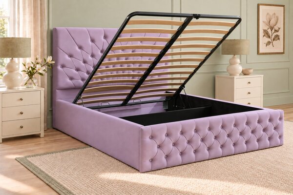 Pat tapițat Chesterfield din catifea Venezia 140×200 cm, lila, cu ladă de depozitare