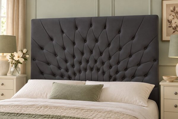 Pat tapițat Chesterfield din catifea Venezia 140×200 cm, gri închis, cu ladă de depozitare