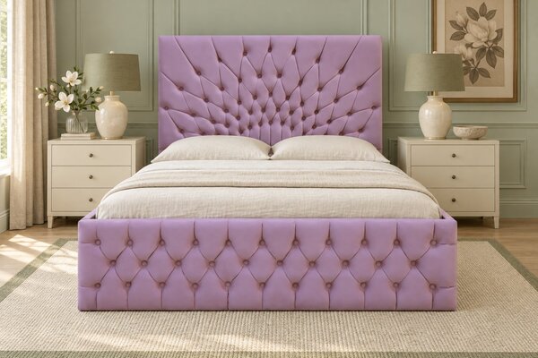 Pat tapițat Chesterfield din catifea Venezia 140×200 cm, lila, cu ladă de depozitare