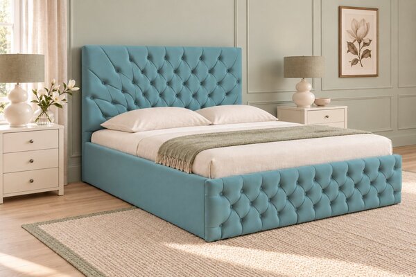 Pat tapițat Chesterfield din catifea Venezia 140×200 cm, verde marin, cu ladă de depozitare